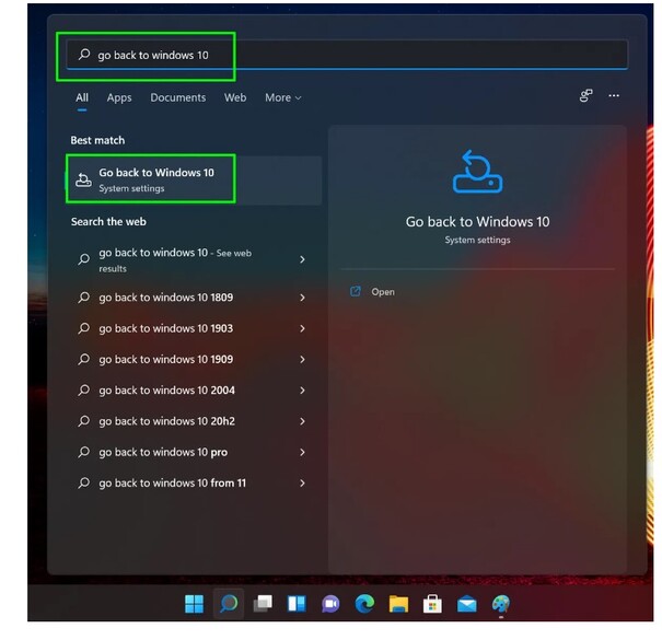 Image of second step of changing from Window 11 to Windows 10