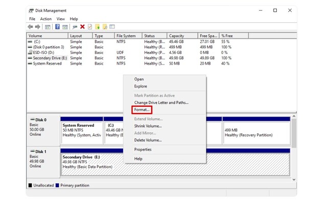 Image of the second step formatting damaged partition via disk management