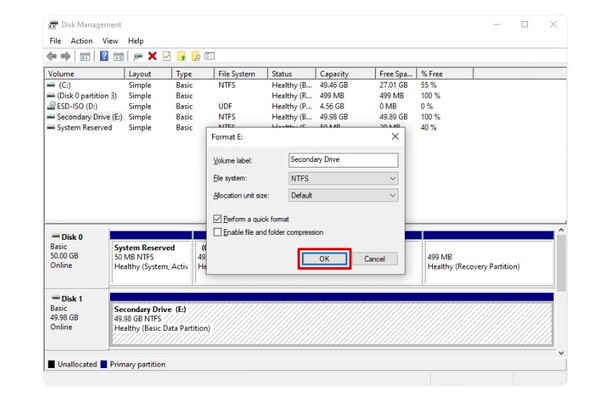 Image of the third step formatting damaged partition via disk management