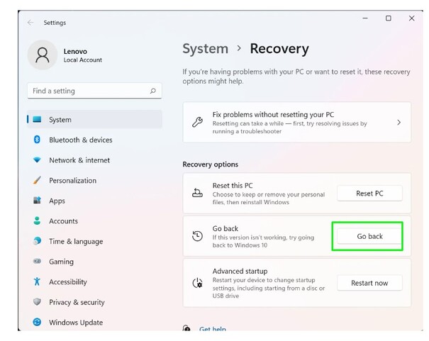 Image of third step of changing from Window 11 to Windows 10