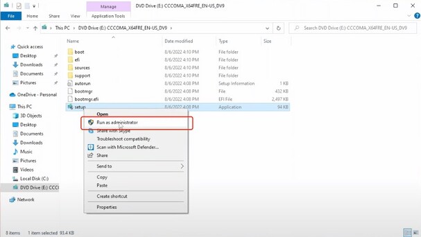 installing a setup file using run as administration option