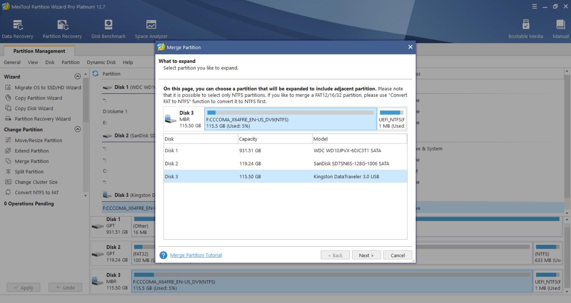 Minitool Partition Wizard를 사용하여 파티션 병합