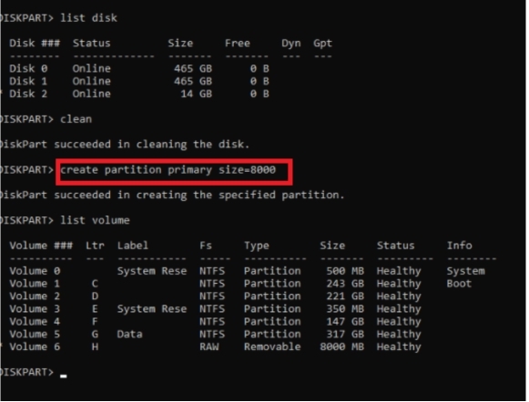 Partizionare l'unità USB utilizzando Diskpart