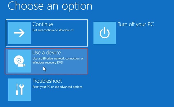 Select Use a device in WinRE