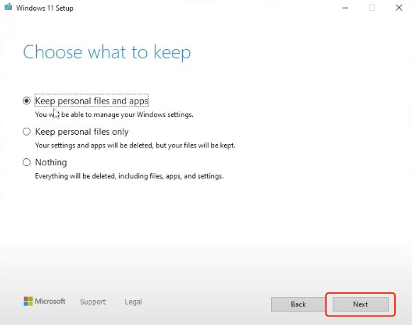 Select what you want to keep while installing Windows 11