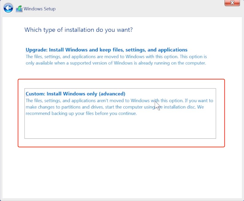 Selecting  Custom: Install Windows only (advanced) while installing windows 11