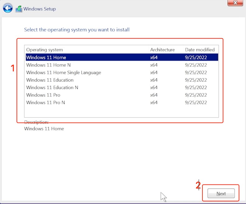 Selecting the operating system you want to install from windows 11 setup menu