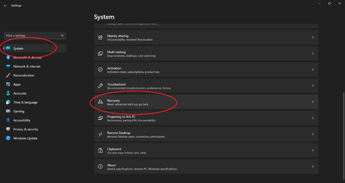 open settings system recovery to  fix critical process died windows 11