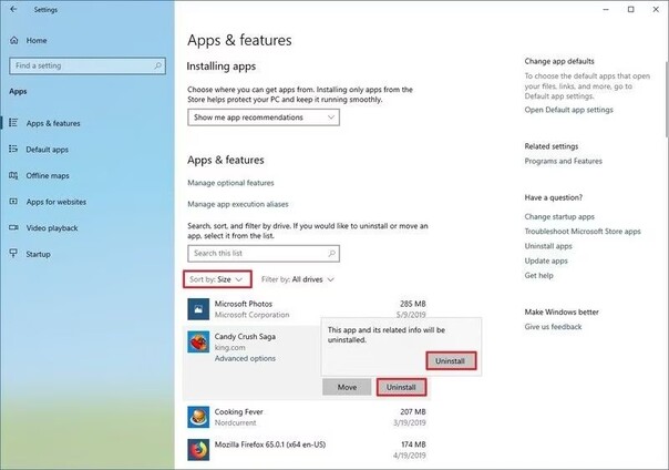 Uninstall apps and features