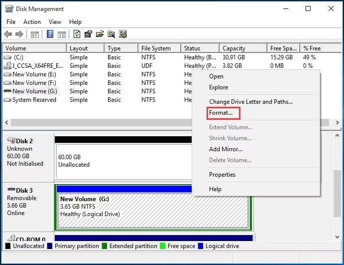 use windows disk management to format SD card to FAT32 