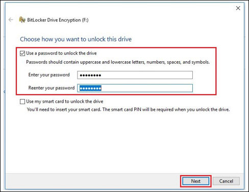 enter password to encrypt the drive
