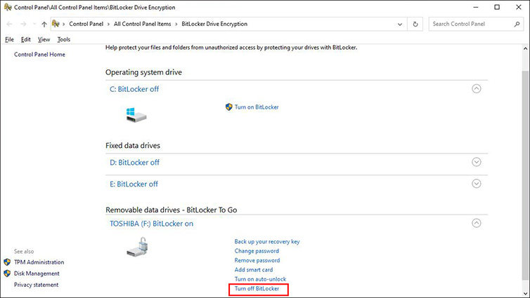 premi disattiva bitlocker