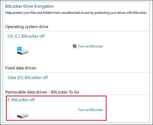 select the external drive to turn on bitlocker