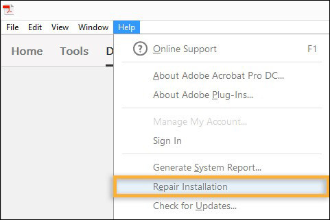 haga clic en reparar instalación para reparar adobe reader