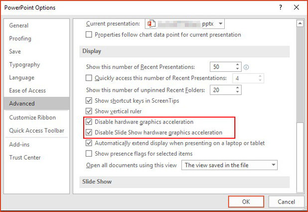 disable hardware acceleration to fix powerpoint not responding
