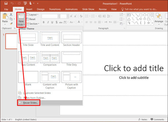 click reuse slides to insert new slide in powerpoint
