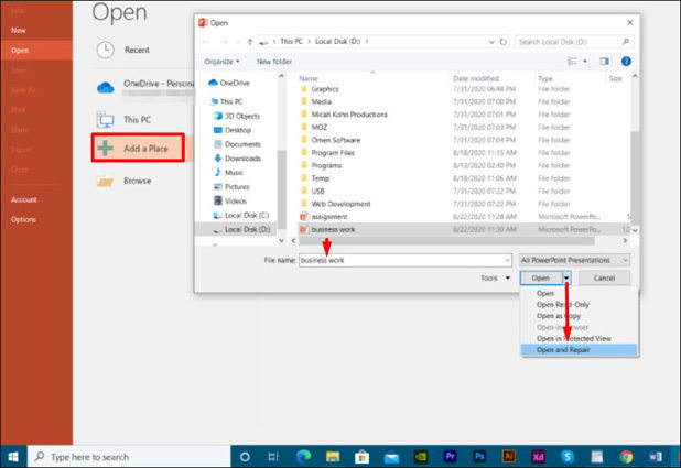 choose open and repair to repair powerpoint file