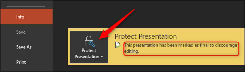 выберите защиту predentation, чтобы разблокировать файл PowerPoint