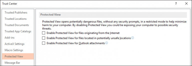 uncheck three options in protected view