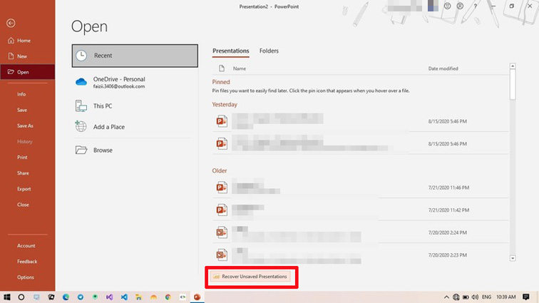 click recover unsaved presentations