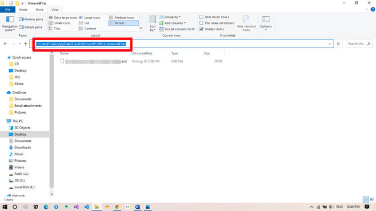 type the location to find temporary files