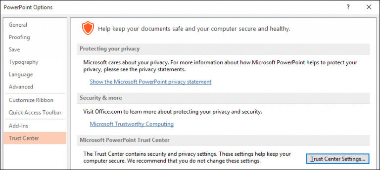 click trust center settings