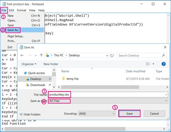 create vbscript file to find win 10 enterprise product key