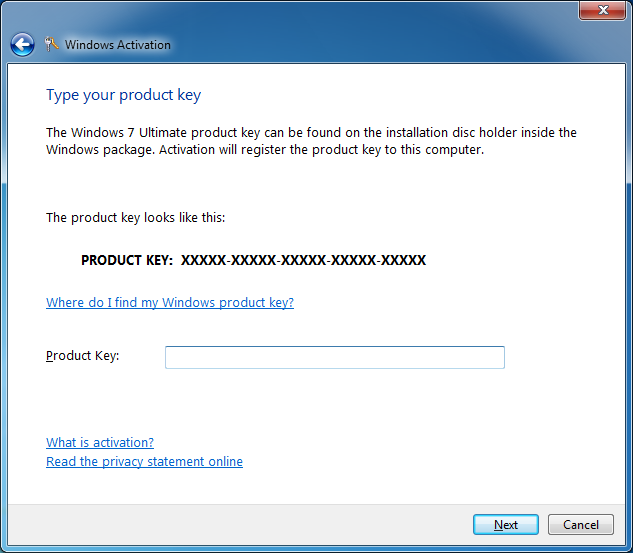 digita codice Product Key di Windows 7