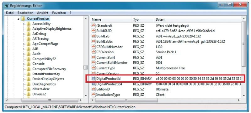 find productid for win 7 in registry editor