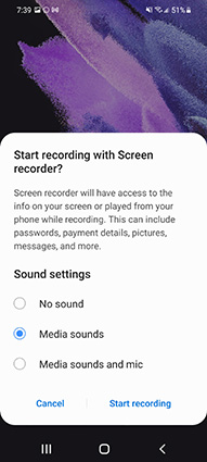 how to select audio options to screen record in android