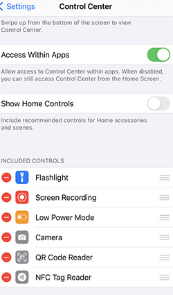 iphone control center settings to enable screen recording