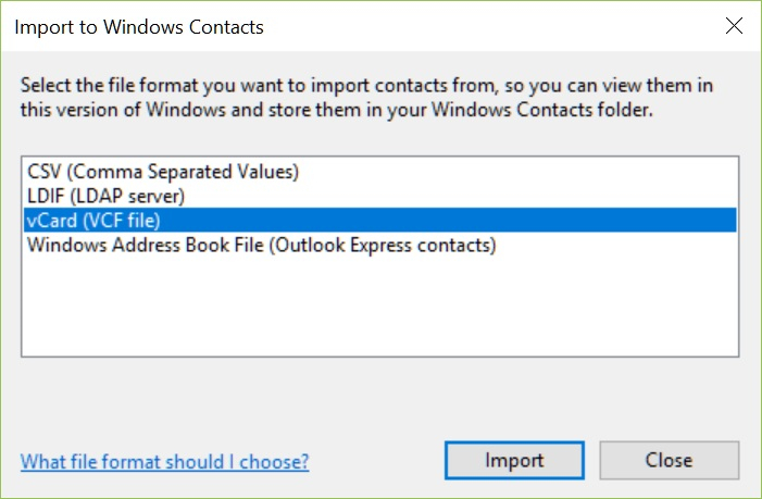 seleziona vcard e importa