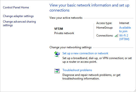 network and sharing center