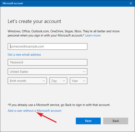 click add a user without a microsoft account