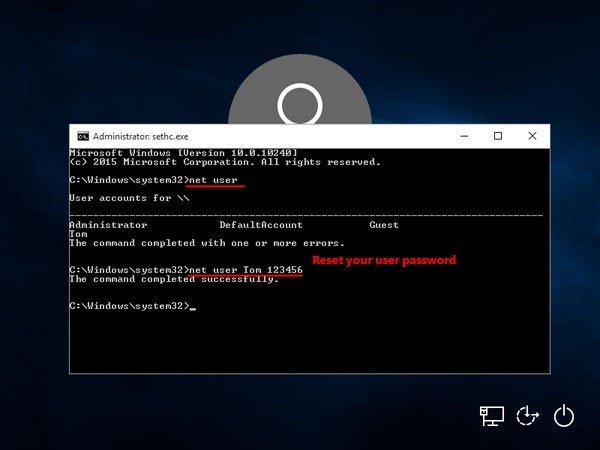 используйте cmd для сброса пароля администратора по умолчанию windows 10