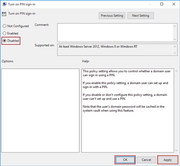 select disable and apply to disable pin sign in