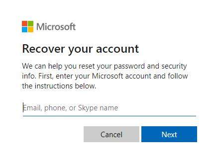 enter email address to reset ms account password