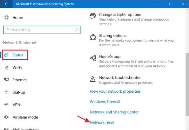 network reset option in status