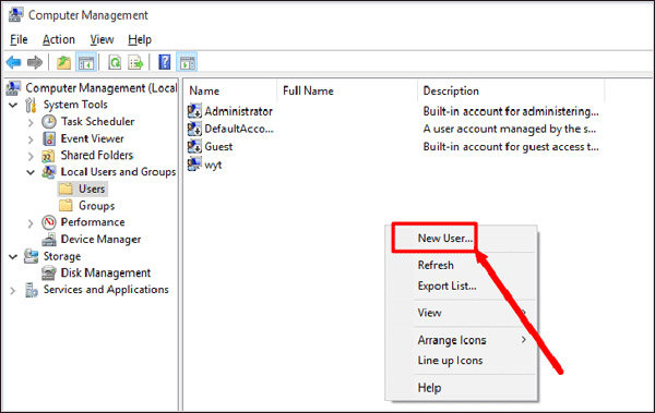 righ click users and click new user