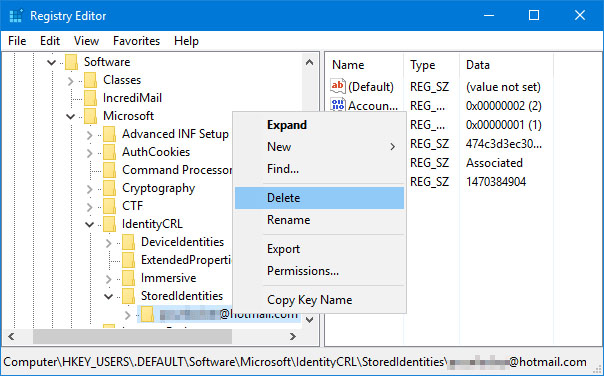 delete account in regedit stored identities