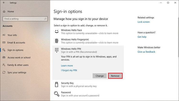 how to disable pin password in windows 10
