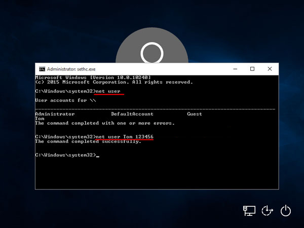 sethc cmd remove login password win10