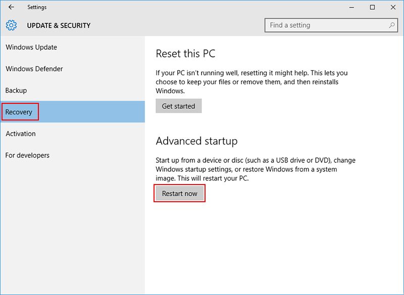 settings recovery advanced restart