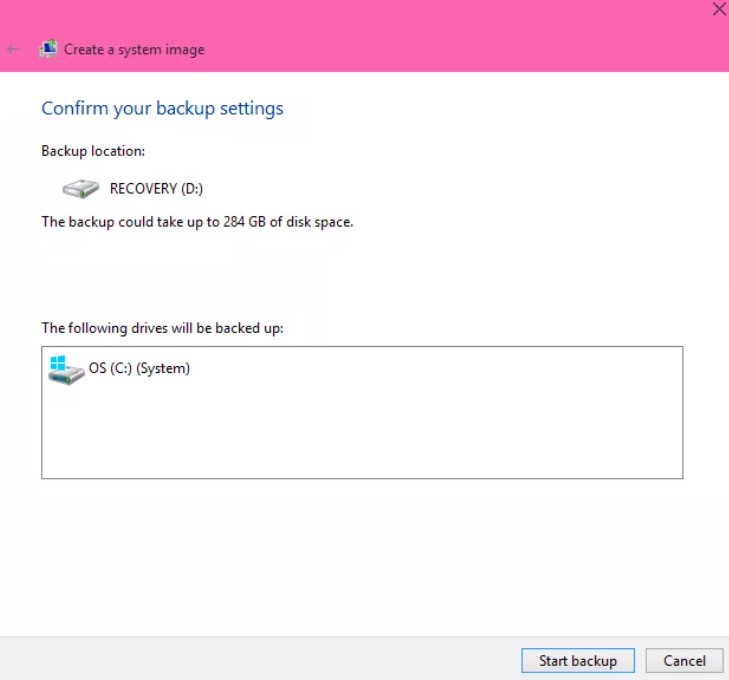start backup in windows 10