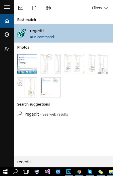 search regedit registry editor in start