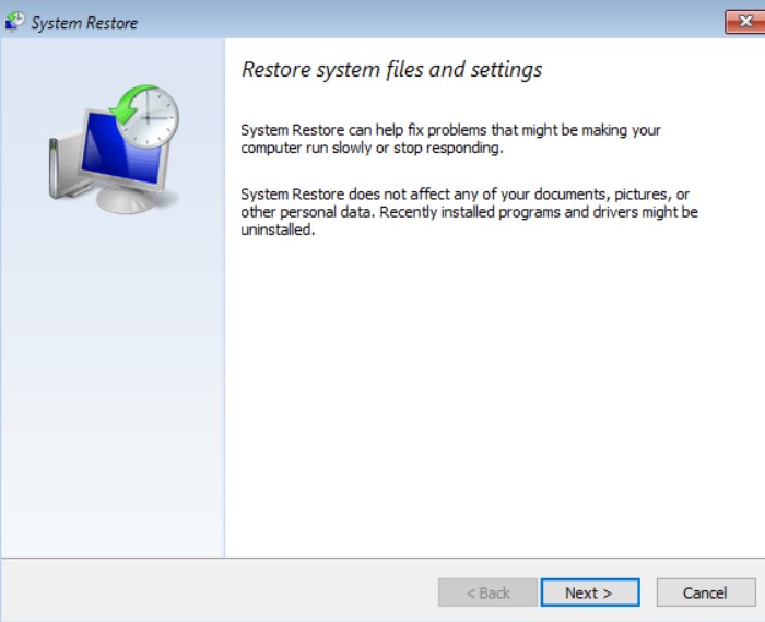 system restore in windows 10