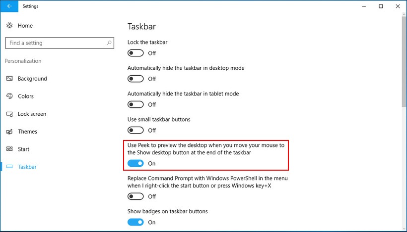 taskbar settings peek to preview desktop