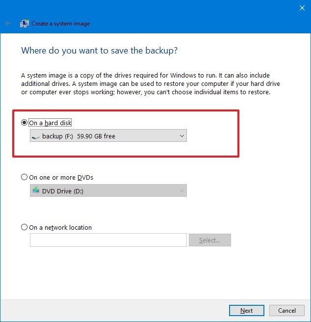 choose backup destination in windows 10