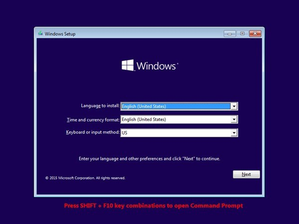 enter windows installation setup to hack windows 10 password