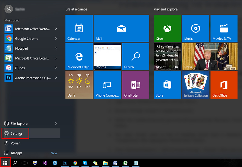 windows start menu settings